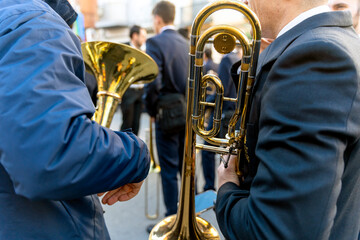 Band musicians with their instruments on the street. Typical music bands in Spain.