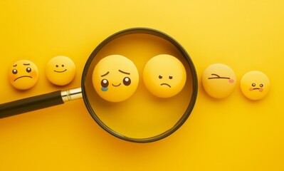 Magnifying glass over happy and sad face icons on a yellow background