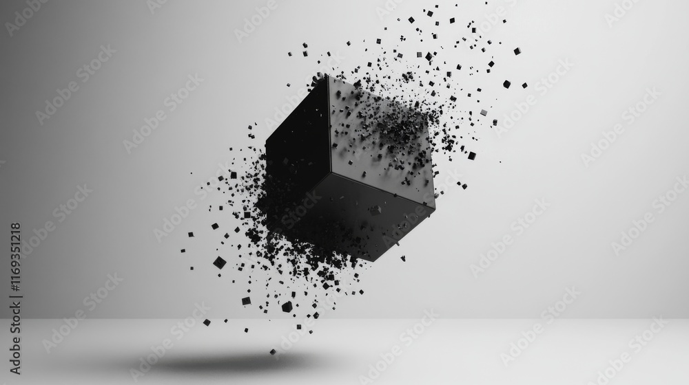 Poster abstract black cube disintegrating into particles against a white background.