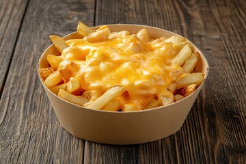Tasty french fries topping with cheddar cheese on wooden table