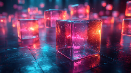  Abstract floating geometric cubes with neon colors and subtle patterns, suspended in mid-air over a reflective surface, symbolizing balance, order, and a futuristic digital space
