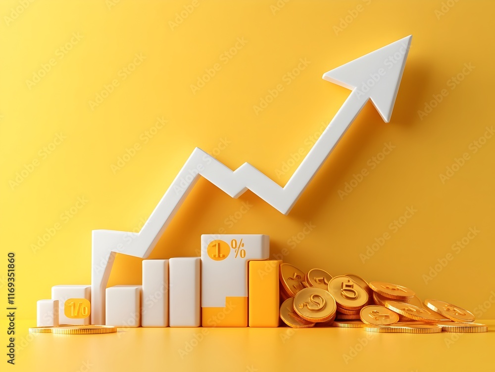 Poster falling white chart arrow with percentage symbol on a glowing yellow backdrop representing a modern 