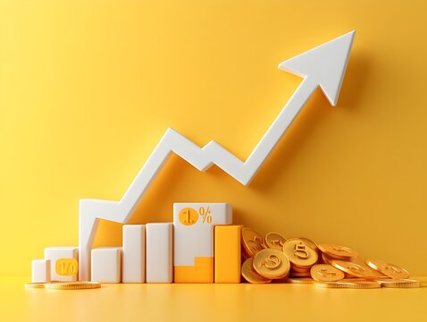 Falling white chart arrow with percentage symbol on a glowing yellow backdrop representing a modern abstract financial data visualization with a 3D CGI and contemporary design