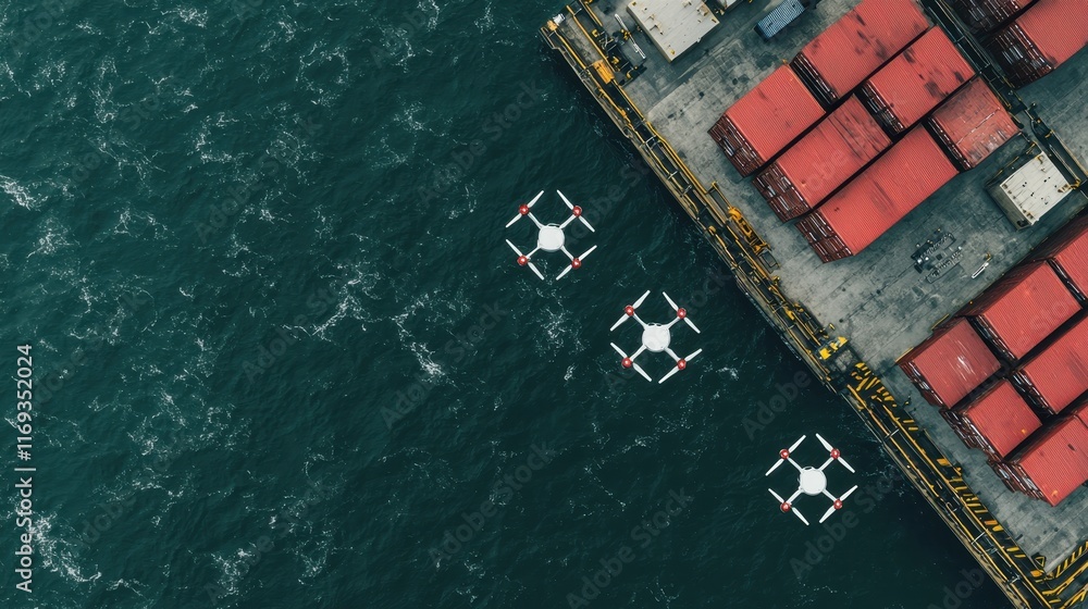 Poster aerial view of a port with shipping containers and drones operating over the water, showcasing moder