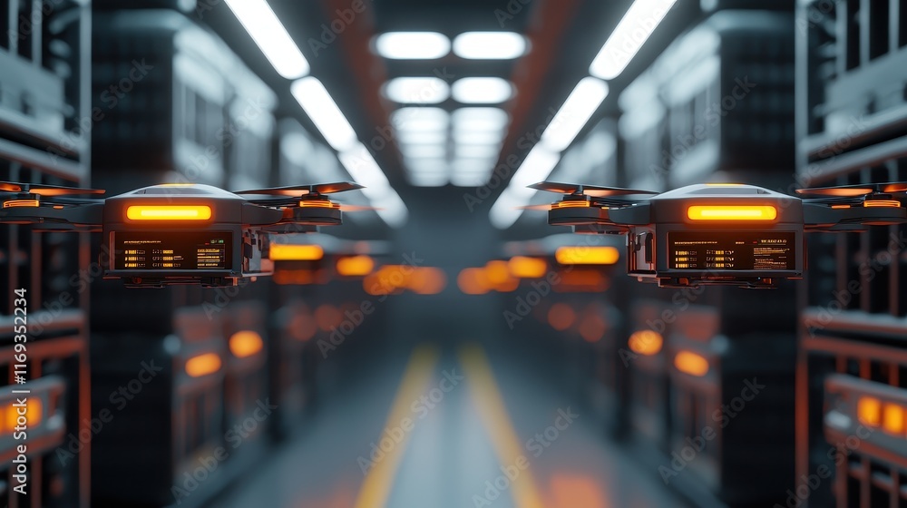Poster a futuristic scene featuring drones navigating through a high-tech corridor lined with server racks,