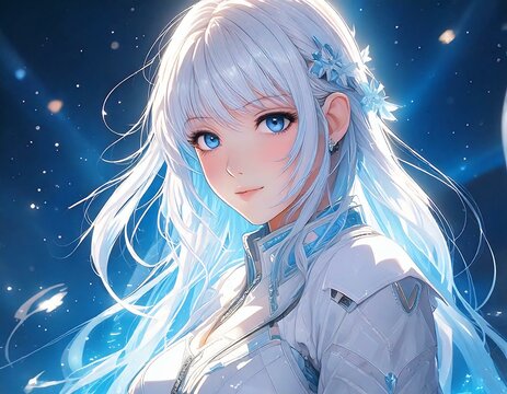 Anime girl, white and blue, beautiful and modern 