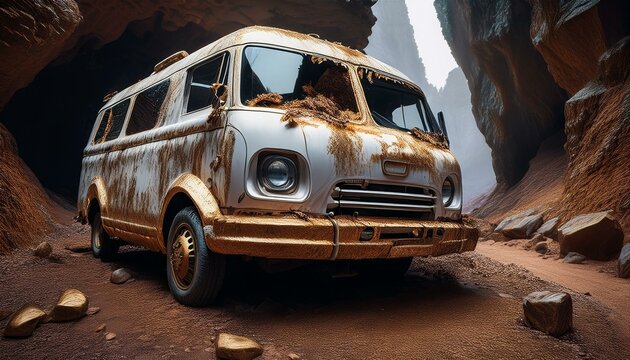 old car rusted in the desert, in the mountains, abandoned and lost