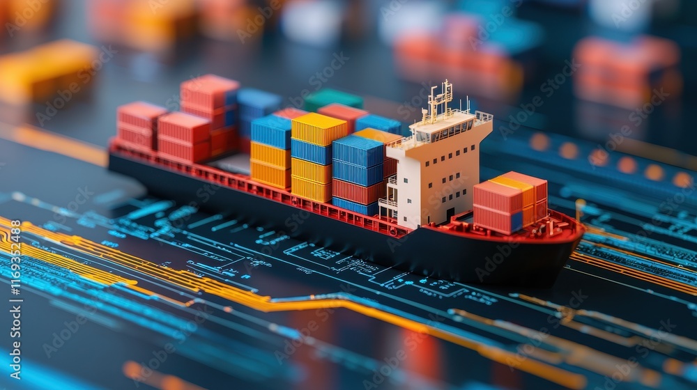 Poster a miniature cargo ship loaded with colorful containers navigating a digital backdrop representing lo