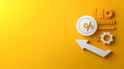 Diminishing white chart arrow with percentage icon on vivid yellow backdrop minimalist infographic design 3D digital rendering clean modern aesthetic corporate financial concept