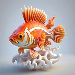 Fototapeta premium A vibrant orange fish with white stripes and a large dorsal fin seemingly poised on a swirling abstract white base