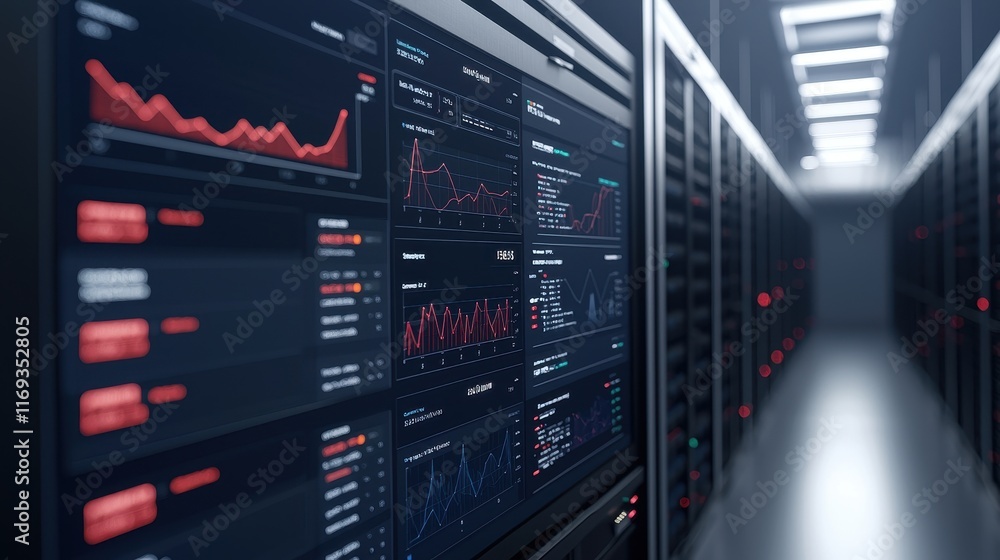 Poster a high-tech data center filled with server racks displaying analytics and graphs on screens, showcas