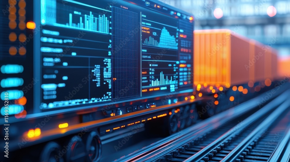 Poster a digital display shows data analytics beside freight containers, highlighting the intersection of t