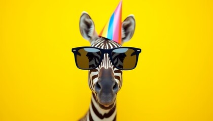 Fototapeta premium A Cool Zebra Celebrates in Style: Party Hat, Sunglasses, and a Yellow Background