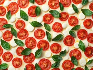 Naklejka premium Fresh Ingredients for a Rustic Italian Dish Featuring Slices of Tomato, Mozzarella Cheese, and Vibrant Green Basil Leaves on a Light Background