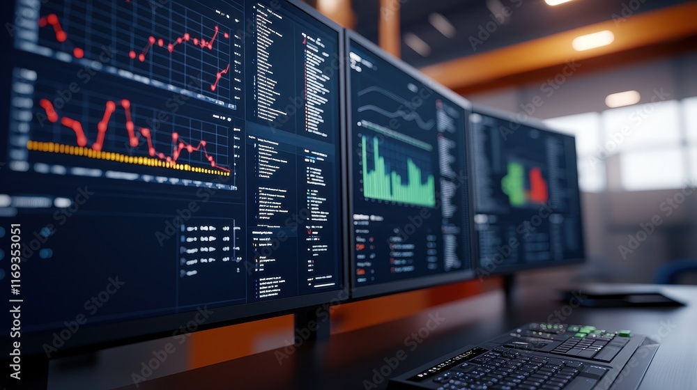 Poster a modern workspace featuring three monitors displaying colorful financial graphs, data analytics, an
