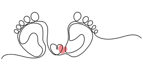 Baby foot barefoot heart icon continuous one line drawing, Kid feet graphic icon. Child bare feet sign isolated on white background. Vector illustration, Concept of Wellness massage and Care skin. 