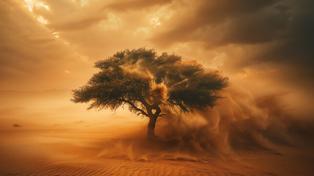 Tree with powerful sandstorm in a stark desert