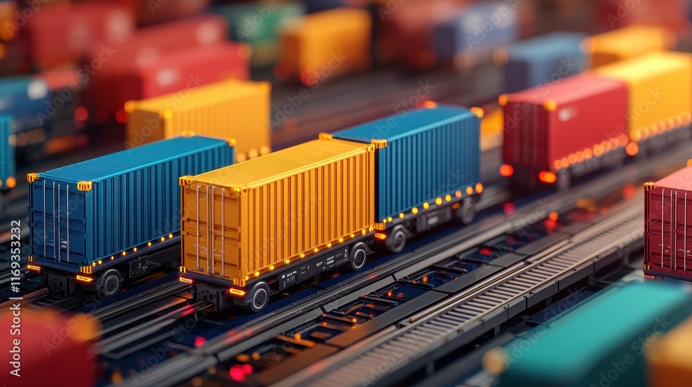 Poster a vibrant array of colorful shipping containers lined up on tracks, highlighting the logistics and t