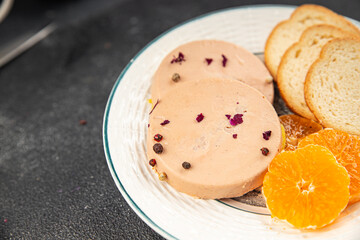 Foie gras snack goose liver French cuisine fresh tasty food dish delicious gourmet food background on the table rustic food top view copy space © Alesia Berlezova