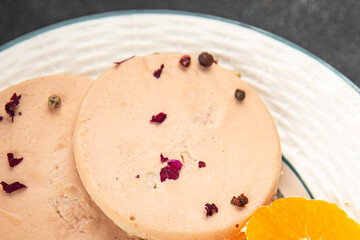 Foie gras snack goose liver French cuisine fresh tasty food dish delicious gourmet food background on the table rustic food top view copy space