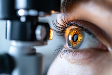 A remarkable close-up of a patient’s eye during an ophthalmic checkup, emphasizing the intricate structures of the eye and the illumination from diagnostic equipment.