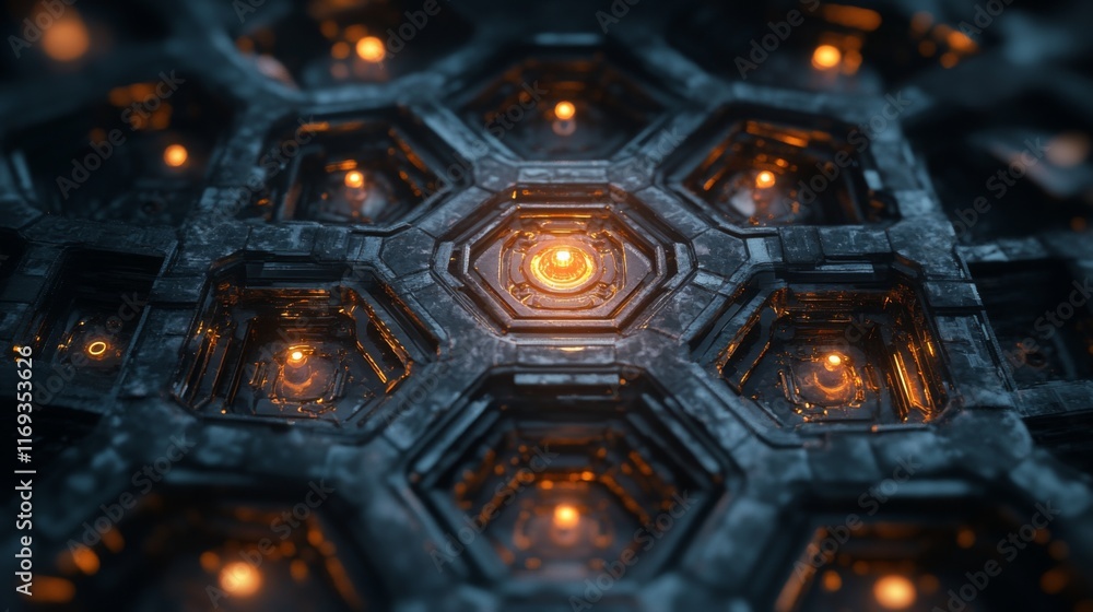 Aufkleber abstract hexagonal technological structure with glowing orange lights.