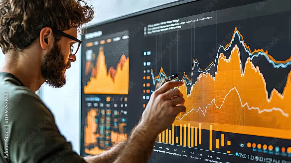 Poster a man analyzes financial data displayed on a large interactive screen. ideal for showcasing data ana