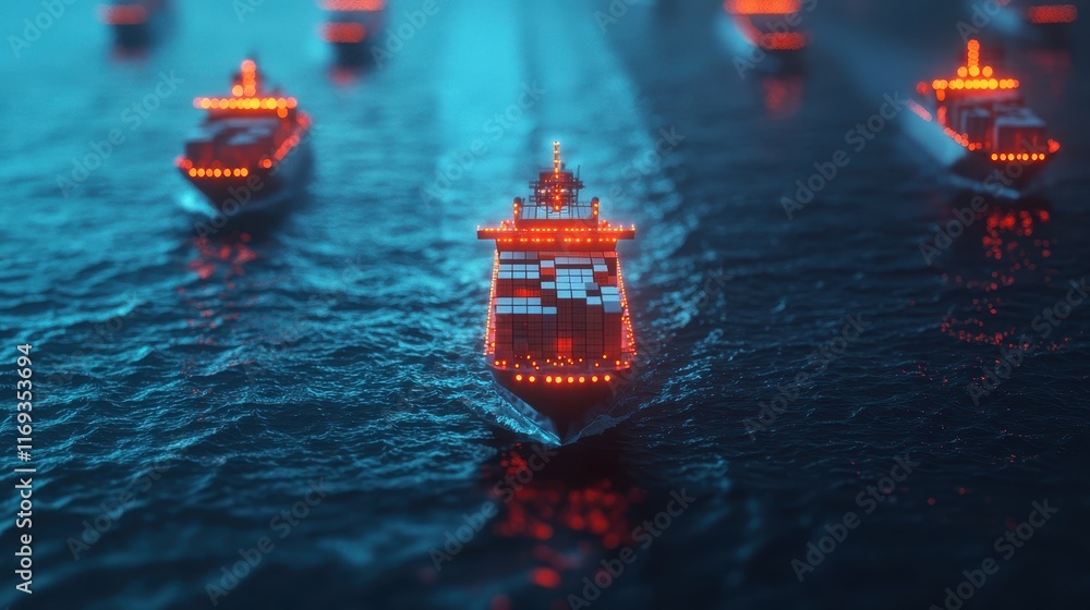 Aufkleber a fleet of illuminated ships navigates through dark waters, creating a mesmerizing scene highlighted