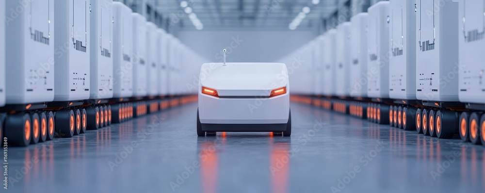 Poster a sleek, autonomous delivery vehicle is positioned between rows of similar robots in a modern wareho