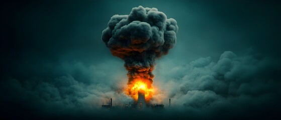 Catastrophic power plant explosion erupts into a towering fireball of blazing flames igniting an intense inferno of fiery hues and billowing black smoke that engulfs a gritty