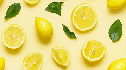 A cheerful pattern of fresh lemon slices in bright yellow hues with green leaves, scattered across a soft pastel background. The vibrant fruits add a refreshing, zesty touch to the design. SEAMLESS