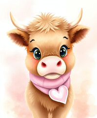 Fototapeta premium Cute and playful young cow with a charming expression and heart-shaped necklace in a pastel background
