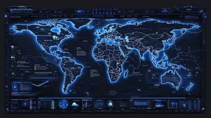 Futuristic world map interface with glowing outlines and data visualization panels. Ideal for sci-fi games or global monitoring applications.