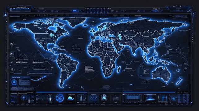 Futuristic world map interface with glowing outlines and data visualization panels. Ideal for sci-fi games or global monitoring applications.