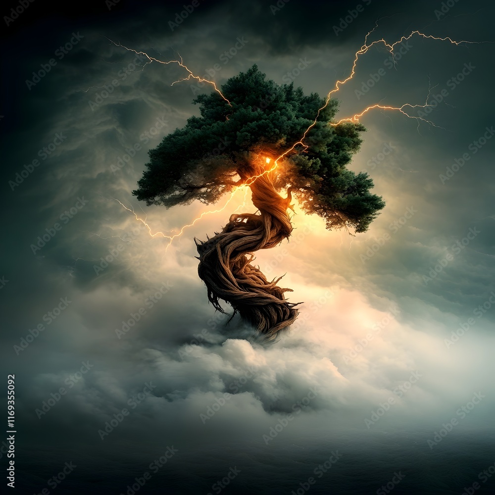 Poster dramatic lightning flashes dramatically illuminating the ominous silhouette of a twisted ancient tre