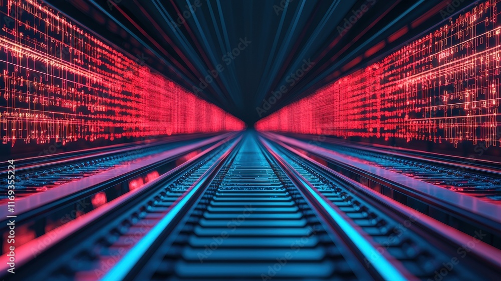 Aufkleber a dynamic, futuristic perspective of railway tracks illuminated by vibrant red and blue lights, crea