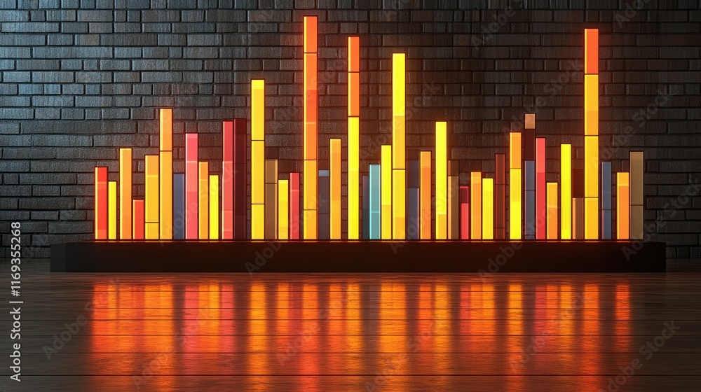 Canvas Prints neon bar graph visualization against a dark brick wall. ideal for music visualizers, data representa