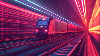 Obraz premium A futuristic train rushes through a neon-lit tunnel, with vibrant light trails enhancing the sense of speed and motion.