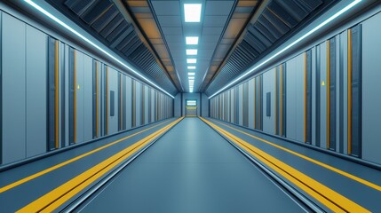 Fototapeta premium A futuristic, sleek corridor with illuminated walls and yellow stripes, suggesting a high-tech environment.