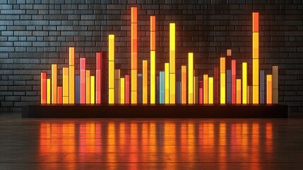 Neon bar graph visualization against a dark brick wall. Ideal for music visualizers, data representation, or abstract backgrounds.
