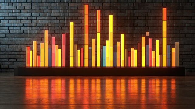Neon bar graph visualization against a dark brick wall. Ideal for music visualizers, data representation, or abstract backgrounds. - Powered by Adobe
