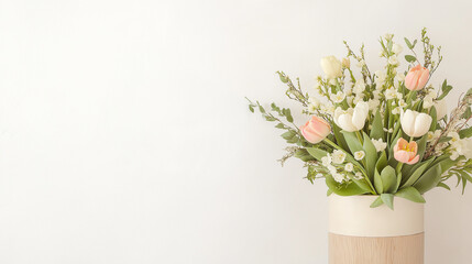 Bouquet of pastel-colored tulips and hyacinths standing in a modern vase illuminating a white background with space for text or ads