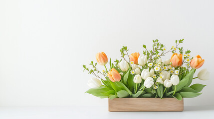 Spring flowers arrangement with orange and white tulips in wooden box with space for text or ads