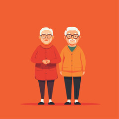 Two old characters, standing together, orange background.