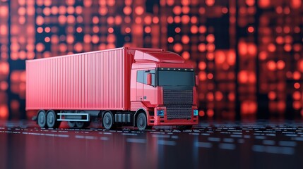 A miniature red truck on a digital, illuminated background, symbolizing logistics and transportation in a modern context.