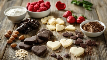 Raw dough and ingredients for preparing tasty heart shaped cookies on wooden background. Valentines Day celebration