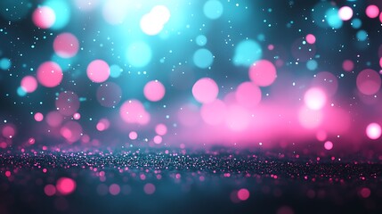 Cityscape at Night with Glowing Neon Pink and Teal Lights, Defocused for Dreamy Atmosphere in Graphic Design