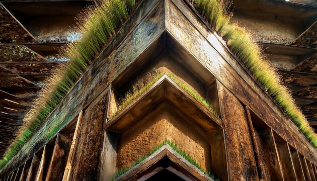 a corner building has grass on the top