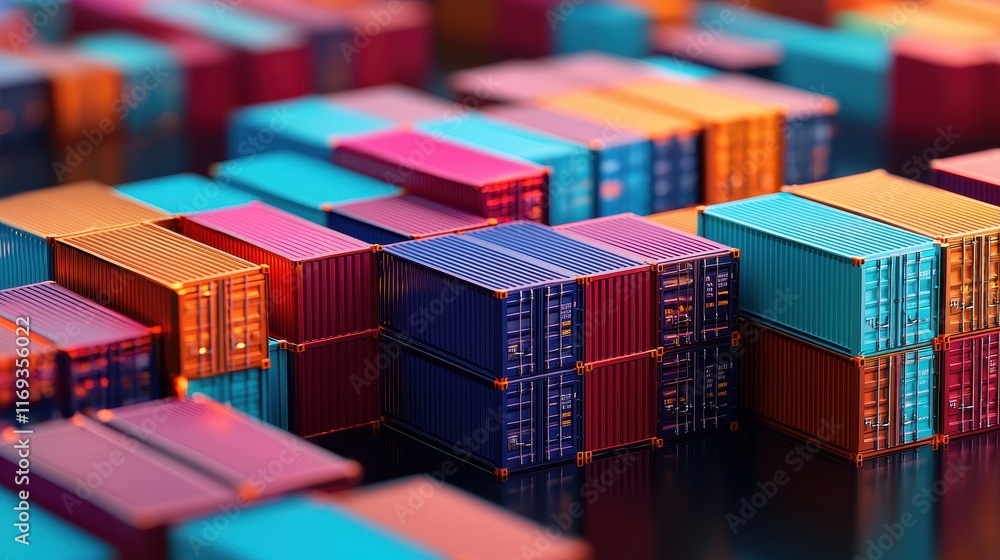 Poster a vibrant arrangement of colorful shipping containers stacked together, creating a visually striking