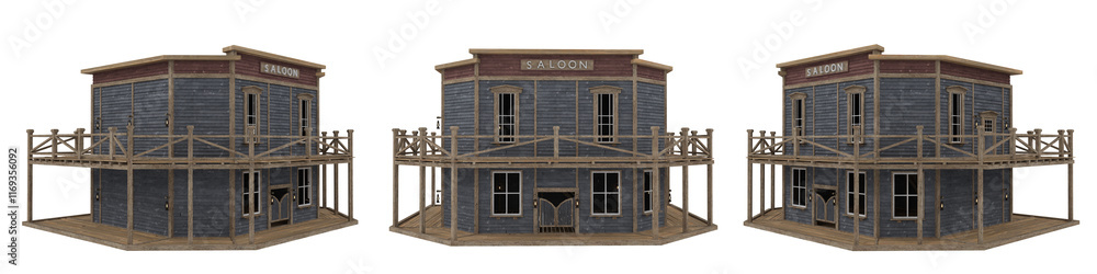 Poster 3 views of an old wooden saloon from a wild west town. isolated 3d render.